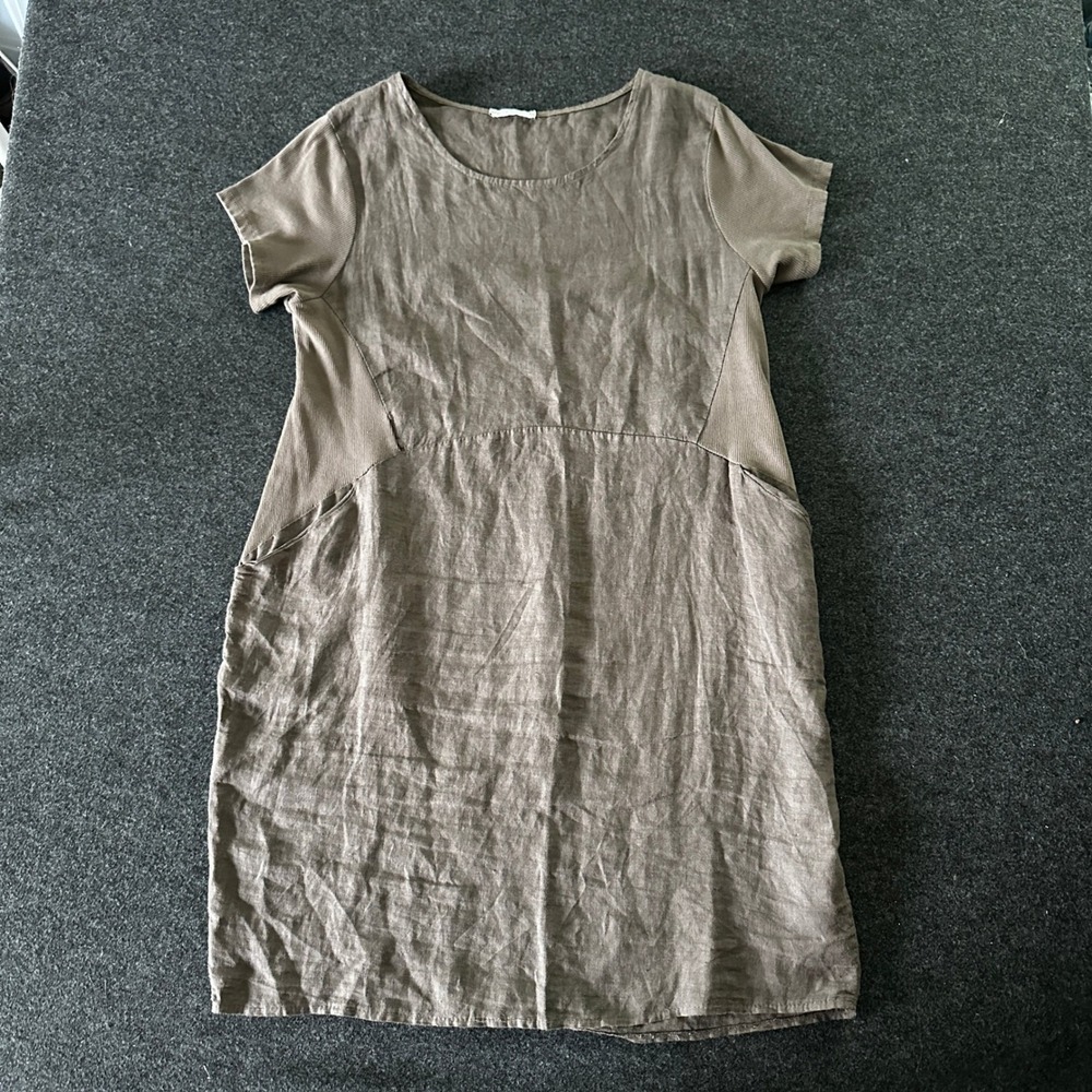 Made In Italy Women Brown Mixed Media Linen Ribbed Knit Shift Dress Pockets L